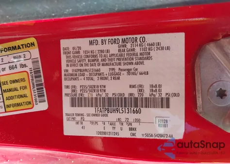 2020 Ford Mustang Ecoboost Premium z USA, uszkodzony, nr VIN 1FATP8UH9L5131660